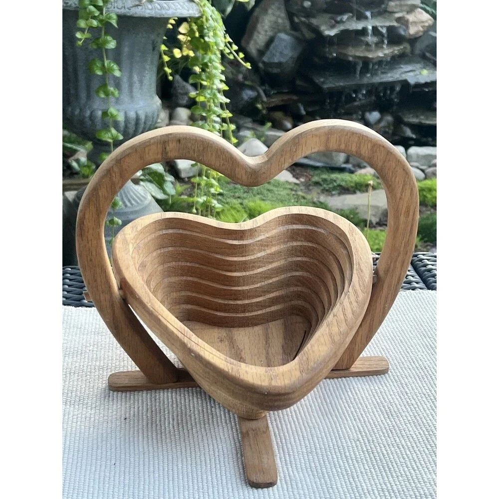 Vintage Handmade Heart Shaped Wooden Collapsible Basket With Handle Or Trivet